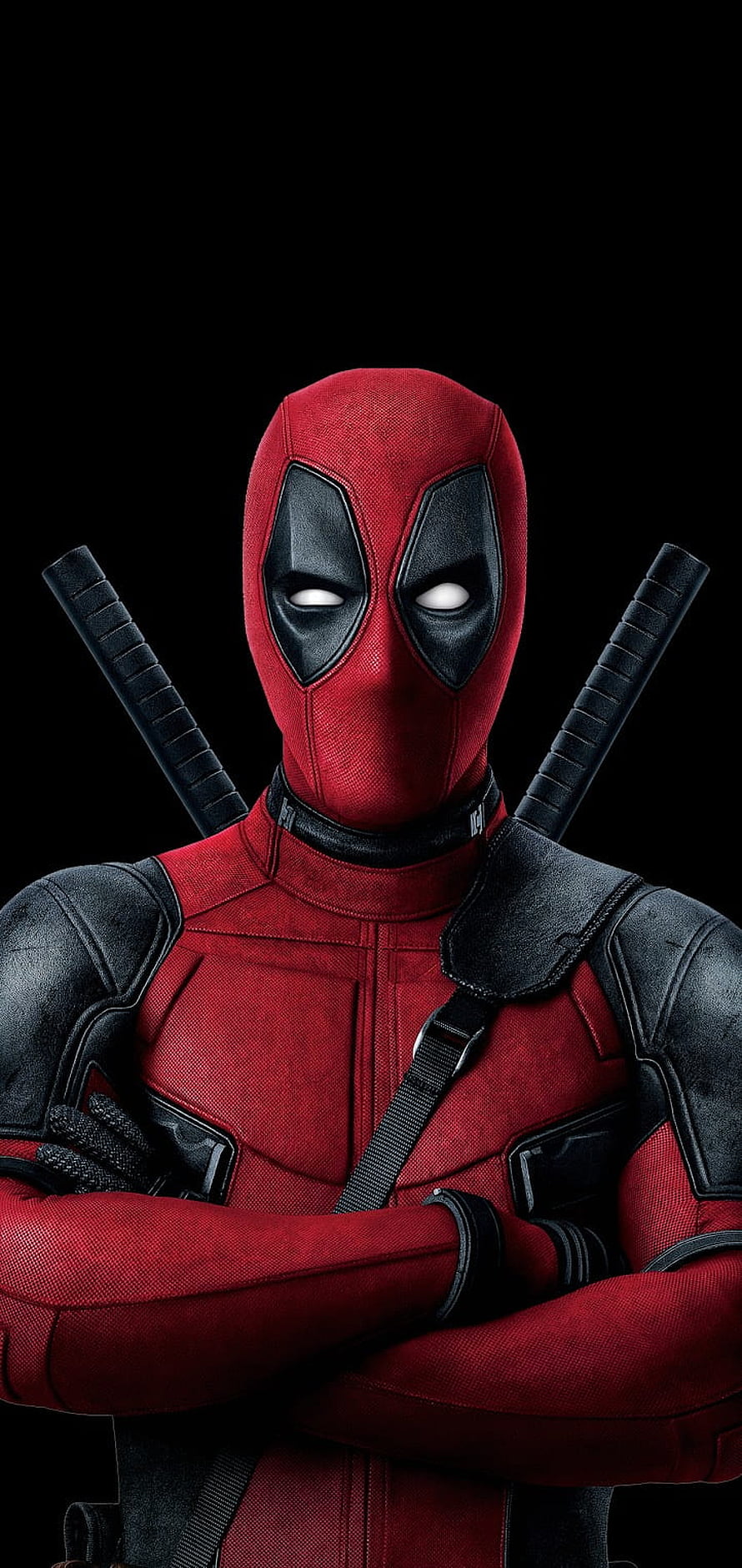 Deadpool in Red and Black Suit with Crossed Swords on Black Background HD phone wallpaper