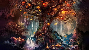 Glowing Fantasy Tree in Mystical Cave with Waterfalls and Bioluminescent Flowers HD wallpaper