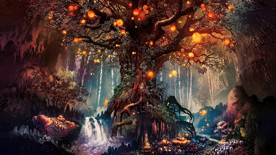 Glowing Fantasy Tree in Mystical Cave with Waterfalls and Bioluminescent Flowers HD wallpaper