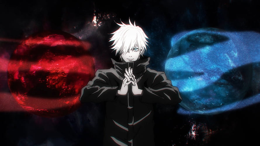 Gojo Satoru from Jujutsu Kaisen with Red and Blue Energy Spheres HD wallpaper