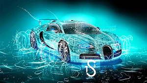 Blue Bugatti Veyron Super Car Surrounded By Water Splashes And Liquid Effects HD wallpaper