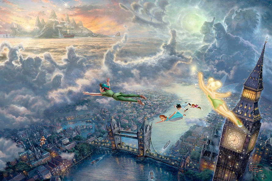 Peter Pan and Tinker Bell Flying Over London with Tower Bridge and Big Ben at Sunset HD wallpaper