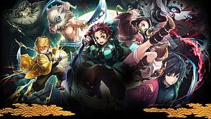 Demon Slayer: Kimetsu no Yaiba Main Cast Dynamic Action Illustration HD wallpaper