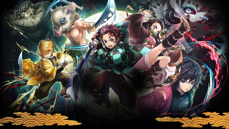 Demon Slayer: Kimetsu no Yaiba Main Cast Dynamic Action Illustration HD wallpaper