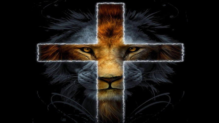 Lion of Judah with Glowing Cross Overlay on Black Background HD wallpaper
