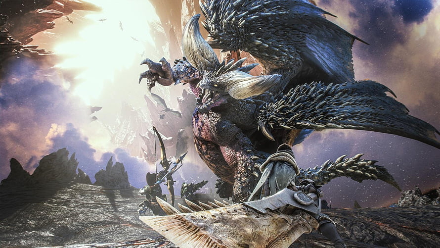 Monster Hunter World: Nergigante Battle Scene with Hunters in Rocky Landscape HD wallpaper