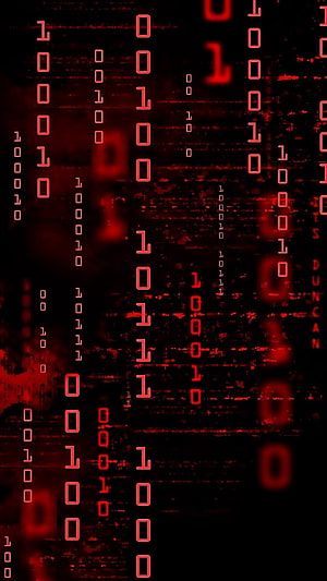 Red Binary Code Rain on Black Background with Glitch Effects HD phone wallpaper
