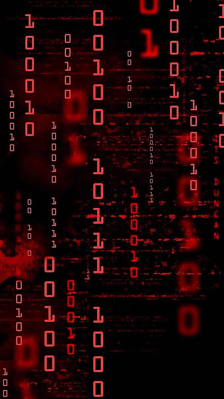 Red Binary Code Rain on Black Background with Glitch Effects HD phone wallpaper