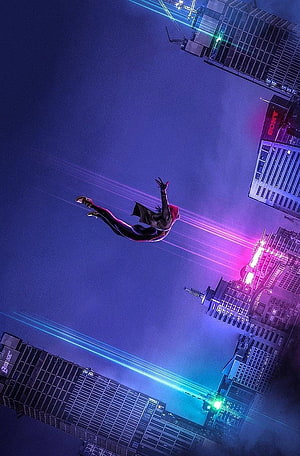 Miles Morales swinging through a neon-lit cityscape in Spider-Man: Into the Spider-Verse style HD phone wallpaper