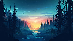 Stylized Digital Art of a Serene Forest River at Sunset with Pine Trees and Mountains HD wallpaper