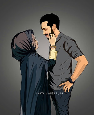 Romantic Digital Art of a Couple in Traditional Attire Sharing an Intimate Moment, Muslim Couple Cartoon, islamic couple anime HD phone wallpaper