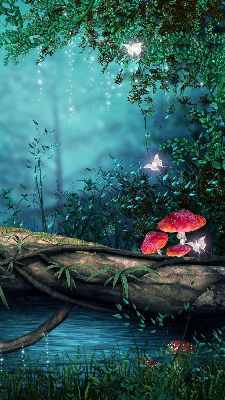 Enchanted Forest Scene with Glowing Mushrooms and Fireflies HD phone wallpaper