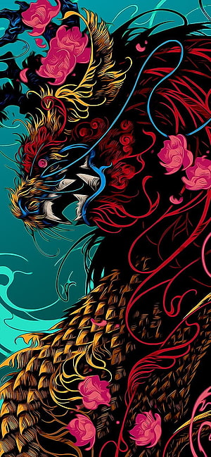 Vibrant Stylized Dragon Illustration With Pink Roses And Teal Background HD phone wallpaper
