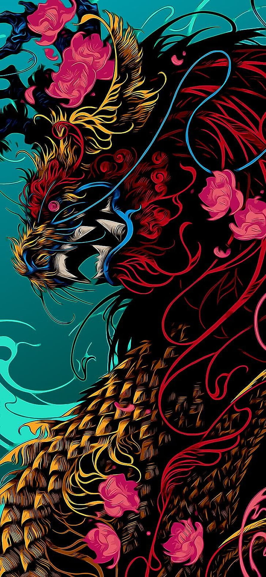 Vibrant Stylized Dragon Illustration With Pink Roses And Teal Background HD phone wallpaper