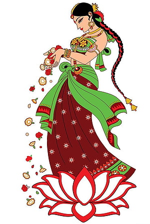 Traditional Indian Woman in Saree Holding Flowers Above Lotus Flower Vector Illustration, welcome women 3d clipart ...in.pinterest, #welcome women HD phone wallpaper