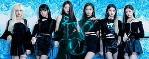 IVE K-pop group members posing in black outfits against a blue icy background HD wallpaper