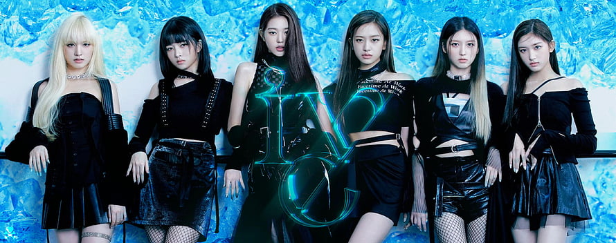 IVE K-pop group members posing in black outfits against a blue icy background HD wallpaper