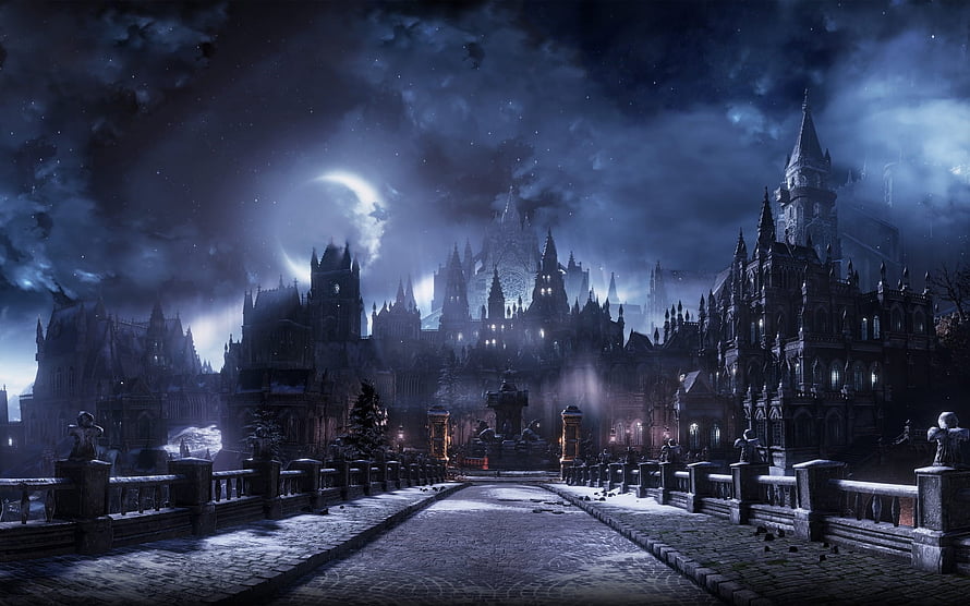 Dark Gothic Castle Cityscape at Night with Moonlight and Snowy Cobblestone Path HD wallpaper