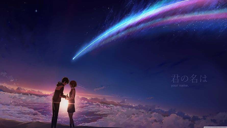 Your Name Anime Couple Silhouette Under a Vibrant Comet Trail and Starry Night Sky HD wallpaper