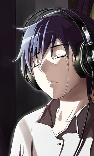 Sad Anime Boy Crying While Wearing Headphones in White Shirt HD phone wallpaper
