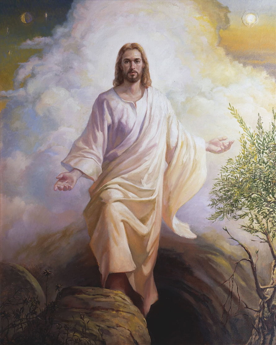 Resurrected Christ Standing on Rocky Outcrop with Olive Branch and Cloudy Sky HD phone wallpaper