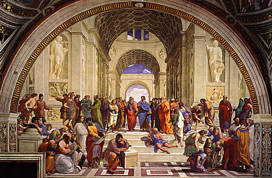 Raphael's The School of Athens fresco depicting ancient philosophers in a grand Renaissance architectural setting HD wallpaper