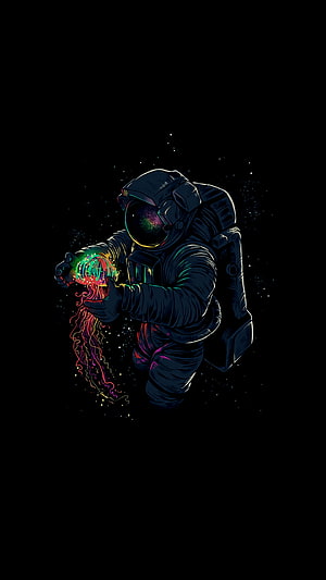 Astronaut Holding Glowing Neon Jellyfish in Deep Space HD phone wallpaper