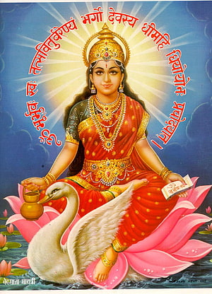 Goddess Saraswati Sitting on Lotus with Swan and Veena HD phone wallpaper