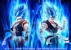 Super Saiyan Blue Gogeta and Vegito Fusion Warriors in Blue Aura HD wallpaper