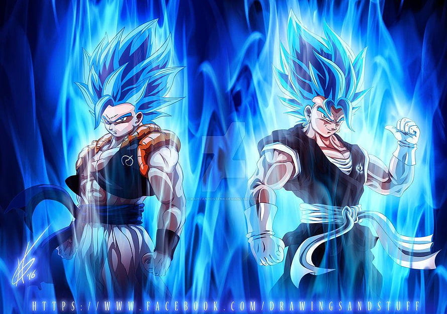 Super Saiyan Blue Gogeta and Vegito Fusion Warriors in Blue Aura HD wallpaper