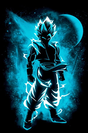 Gogeta Super Saiyan Blue Silhouette with Cyan Aura and Cosmic Moon Background HD phone wallpaper
