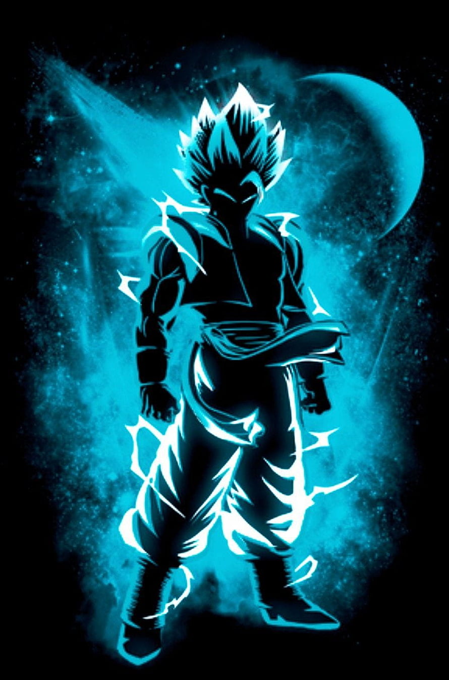 Gogeta Super Saiyan Blue Silhouette with Cyan Aura and Cosmic Moon Background HD phone wallpaper