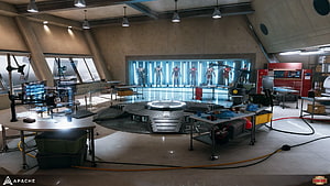 Iron Man Workshop Interior with Arc Reactor and Suit Display, Tony's Lab, iron man lab HD wallpaper