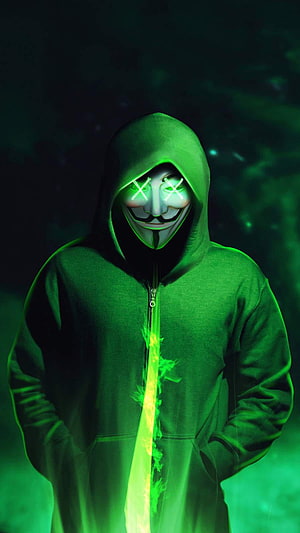 Anonymous Guy Fawkes Mask Hoodie with Glowing Green Neon Eyes and Digital Smoke Effect HD phone wallpaper