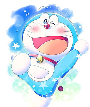 Doraemon Winking and Smiling with Sparkling Stars and Blue Clouds HD phone wallpaper