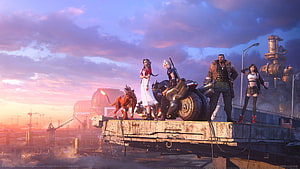 Final Fantasy VII Remake Intergrade characters on a rooftop at sunset HD wallpaper