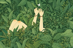 Fairycore Illustration of Hands Holding a Glowing Butterfly in Lush Green Foliage HD wallpaper
