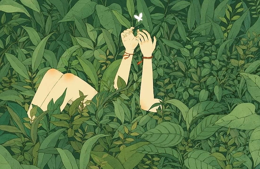 Fairycore Illustration of Hands Holding a Glowing Butterfly in Lush Green Foliage HD wallpaper