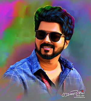 Vijay Digital Portrait in Sunglasses and Denim Shirt with Vibrant Abstract Background HD phone wallpaper
