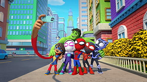 Spidey and His Amazing Friends Group Selfie in Vibrant City Street HD wallpaper
