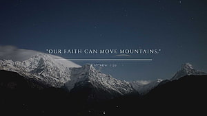 Snow-Capped Mountain Peaks Under a Starry Night Sky with Inspirational Bible Verse HD wallpaper