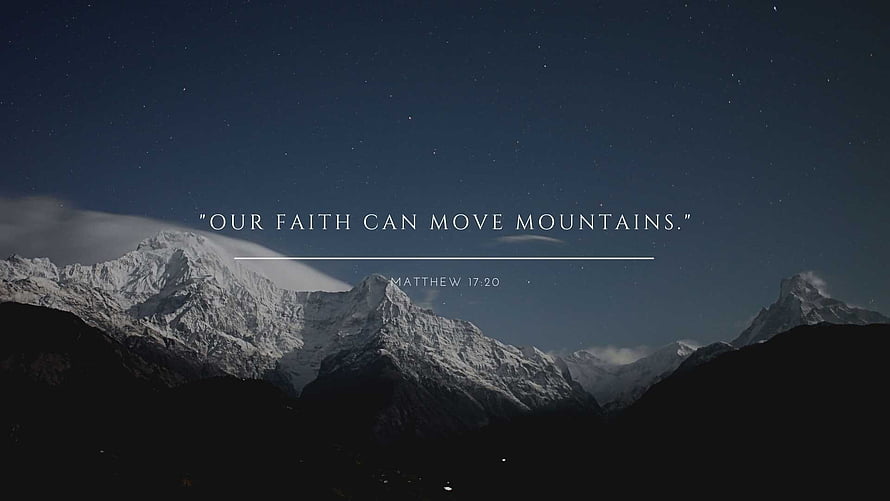 Snow-Capped Mountain Peaks Under a Starry Night Sky with Inspirational Bible Verse HD wallpaper