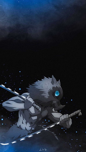 Inosuke Hashibira wielding dual swords in a dark starry night scene from Demon Slayer anime HD phone wallpaper