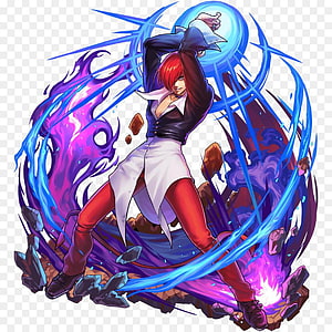 Kyo Kusanagi from King of Fighters performing a powerful fire and lightning attack in anime style HD phone wallpaper
