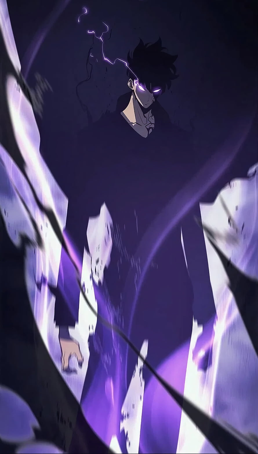 Sung Jin Woo from Solo Leveling with glowing purple eyes and dark energy aura HD phone wallpaper