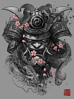 Japanese Oni Mask with Dragon and Cherry Blossoms Tattoo Design HD phone wallpaper