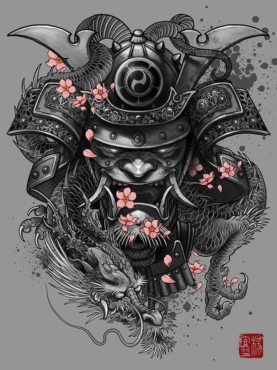 Japanese Oni Mask with Dragon and Cherry Blossoms Tattoo Design HD phone wallpaper