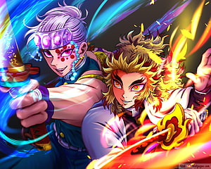 Sanemi Shinazugawa and Genya Shinazugawa wielding swords with blue and red flames HD wallpaper