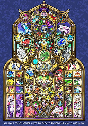 Stained Glass Window Featuring Legendary and Mythical Pokemon Characters HD phone wallpaper