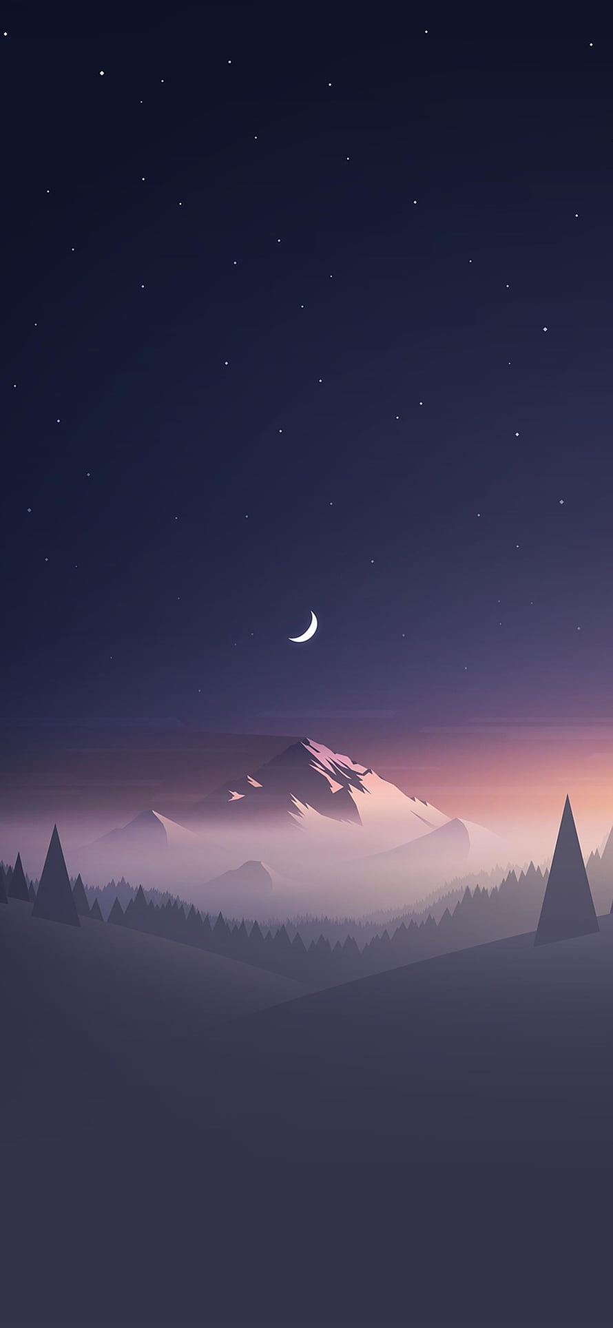 Minimalist Night Mountain Landscape With Crescent Moon And Starry Sky HD phone wallpaper